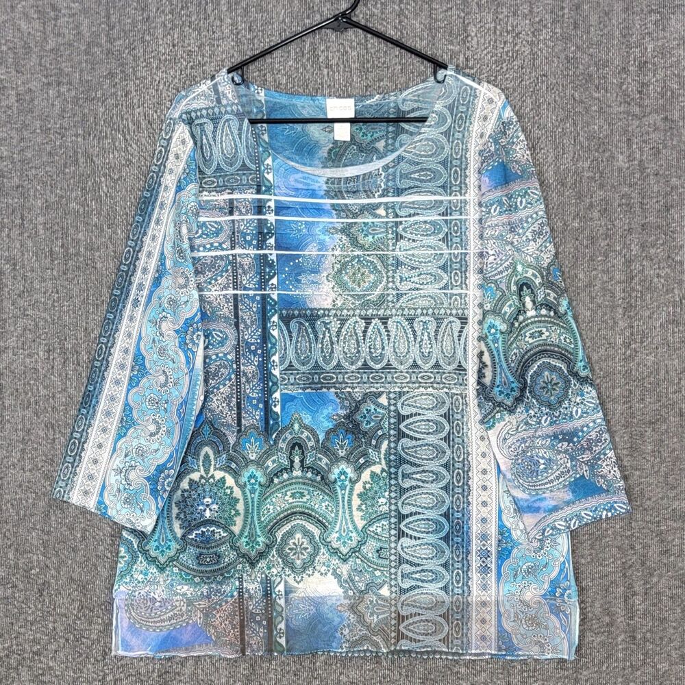 Chicos Top 2 Womens Large Blue Paisley 3/4-Sleeve Sublimated Boho Chic Blouse